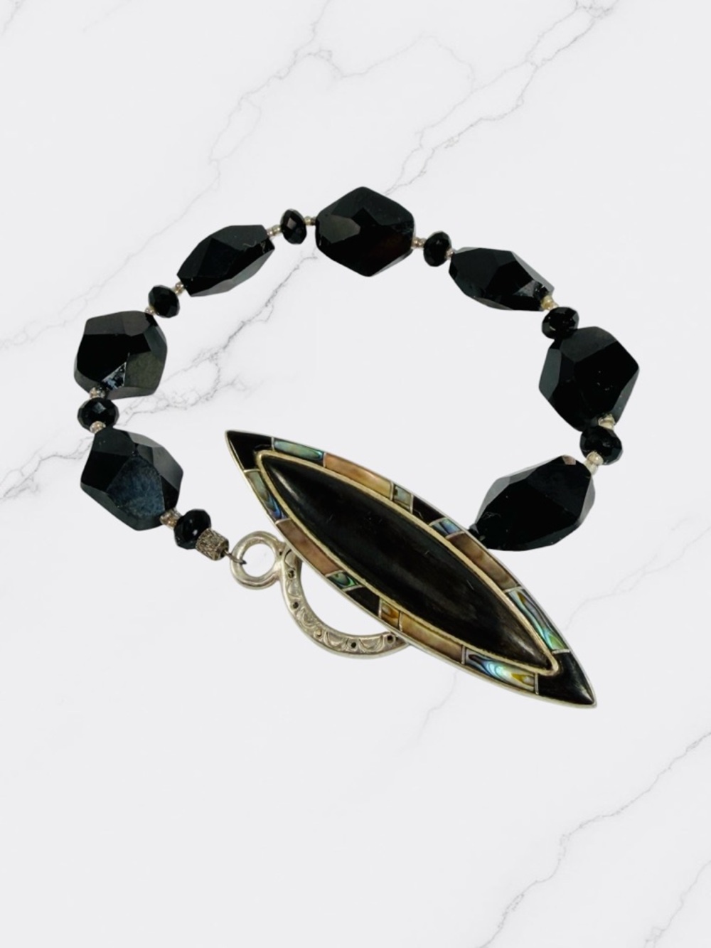 Sterling Silver Mother Of Pearl Abalone Black Bead Boho Toggle Bracelet Signed